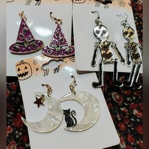NWT 3 Pair Of Halloween Earrings- Witch Hat, Mirrored Skeletons & Moons w/Cat